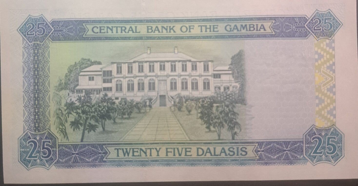 Gambia 25 Dalasis, P27a, UNCIRCULATED, 2006; features the Carmine Bee Eater