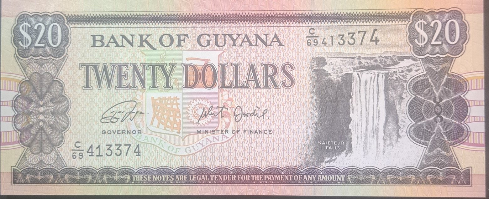 Guyana 20 Dollars, P-30g, UNCIRCULATED, 2018; features the Kaietear Waterfalls