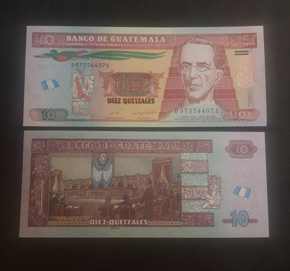 Guatemala 10 Quetzales Banknote, B-606j, UNCIRCULATED, 2019; features the Quetzal bird; National Assembly