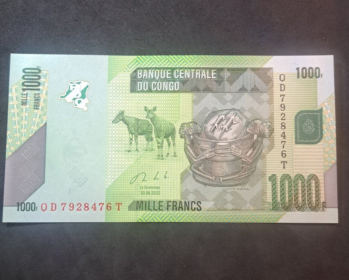 CONGO 1000 Francs, P101c, UNCIRCULATED from 2020, features a Parrot