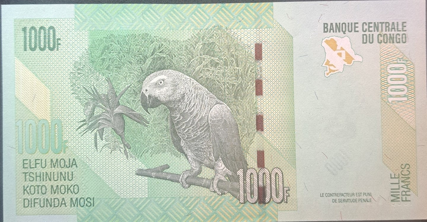 CONGO 1000 Francs, P101c, UNCIRCULATED from 2020, features a Parrot