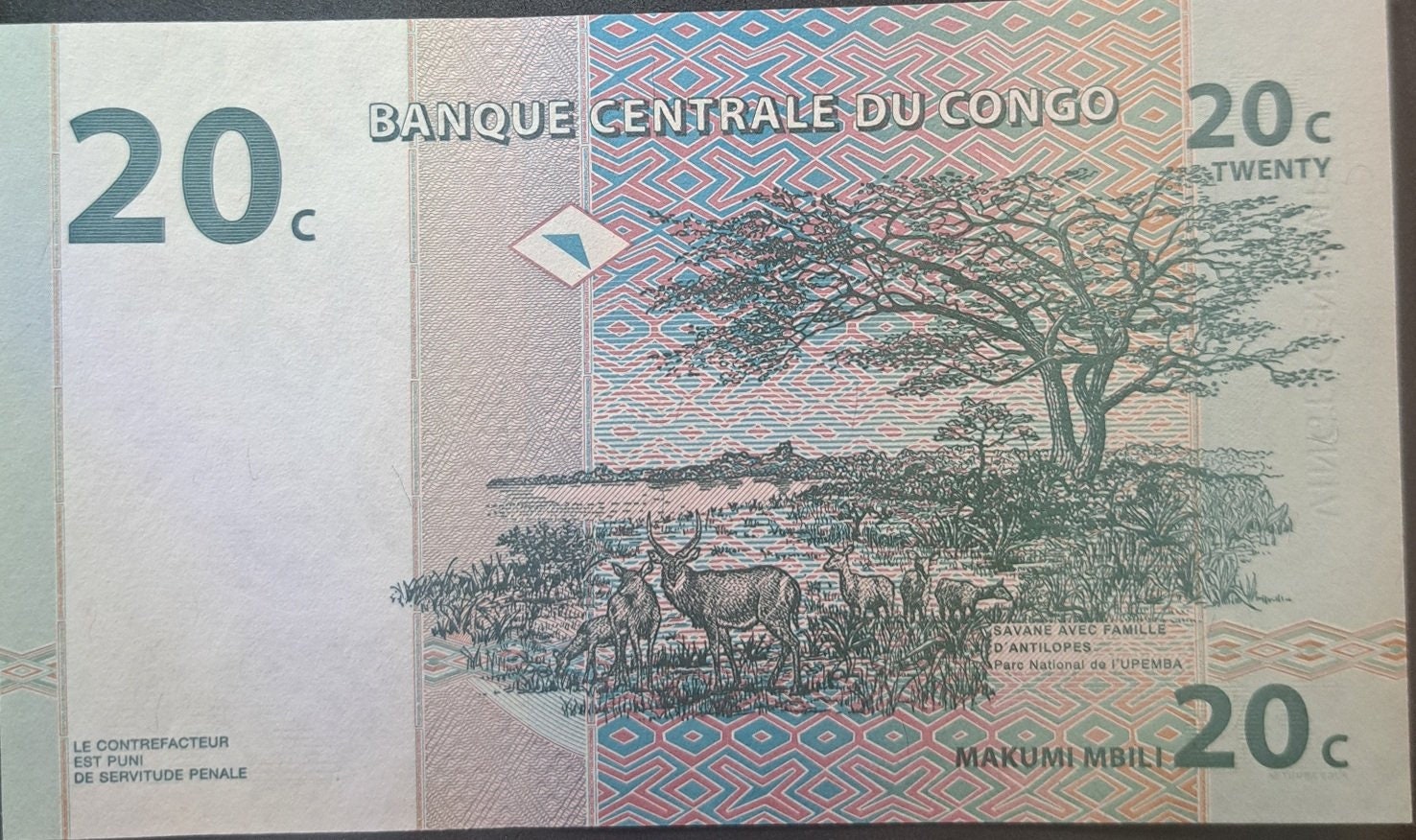 CONGO 20 Centimes banknote, P-83, UNCIRCULATED, 1997, features a Waterbuck