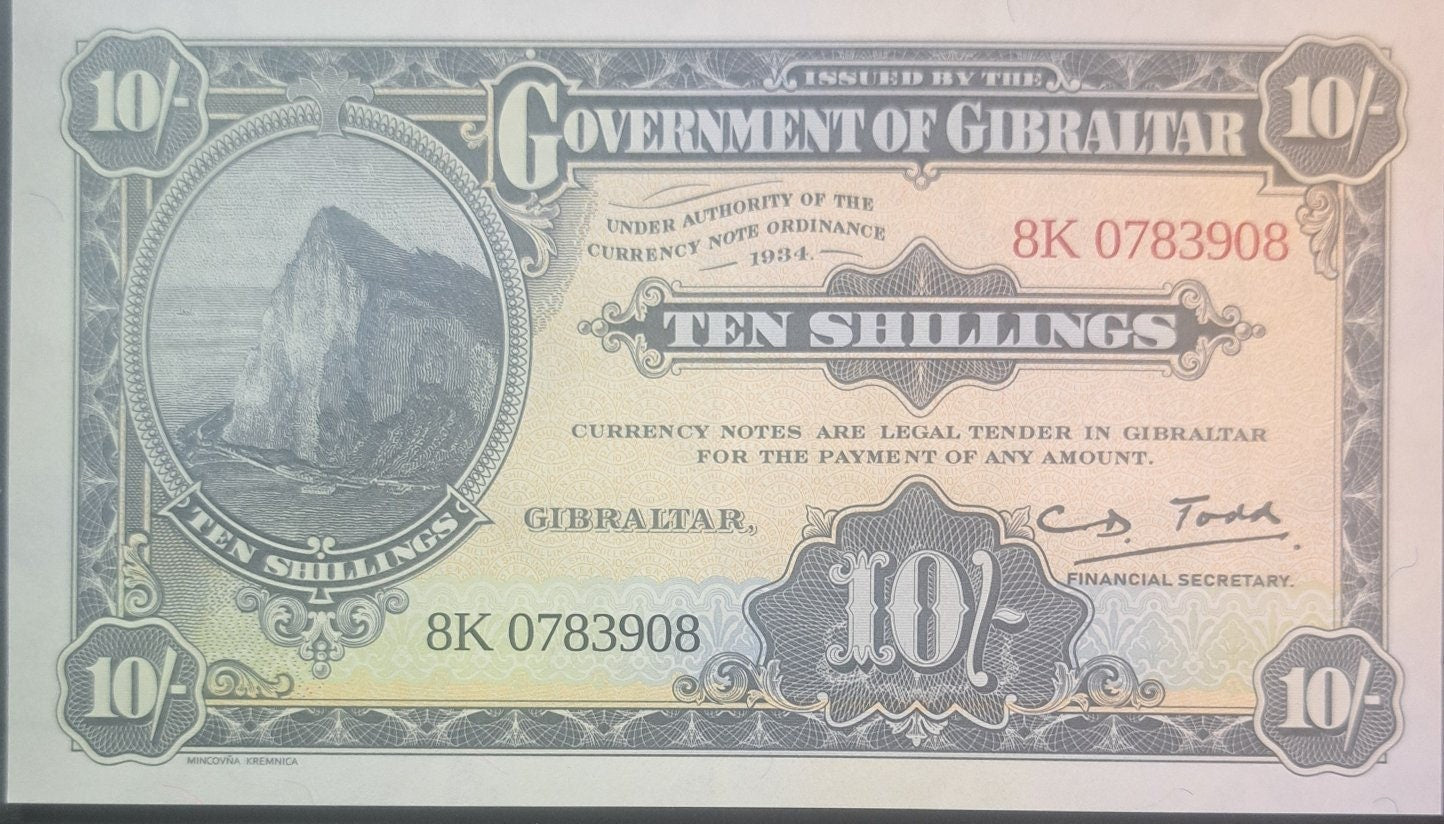 GIBRALTAR 10 Shillings Banknote, B-NP102; UNCIRCULATED, 2018; features the Rock of Gibraltar