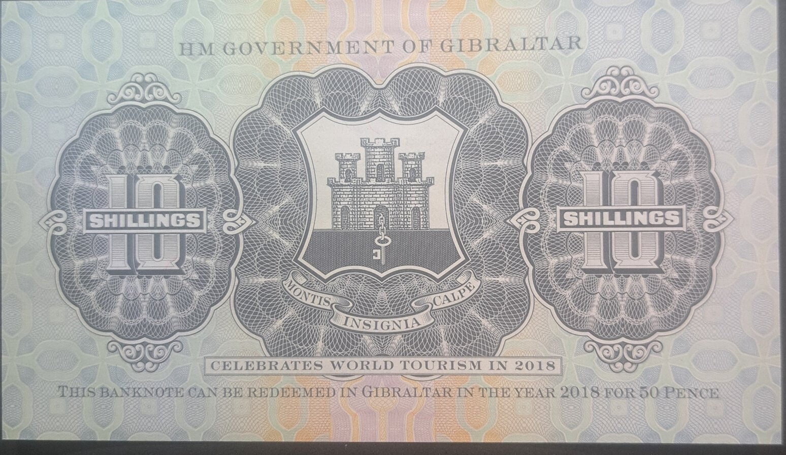 GIBRALTAR 10 Shillings Banknote, B-NP102; UNCIRCULATED, 2018; features the Rock of Gibraltar