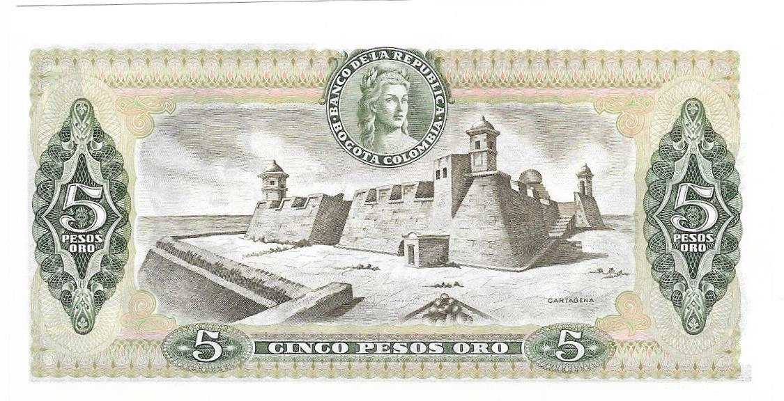COLOMBIA 5 Peso Oro Banknote; P-406f; UNCIRCULATED; 1978- 1981; features a Beautiful Condor