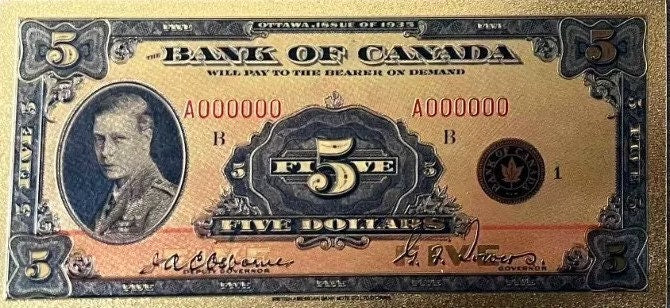 1935 CANADA PRINCE Edward V11 5 Dollar FANTASY .9999 GOlD Foil Note; Allegory of Electricity, Comes shipped in Collector display holder
