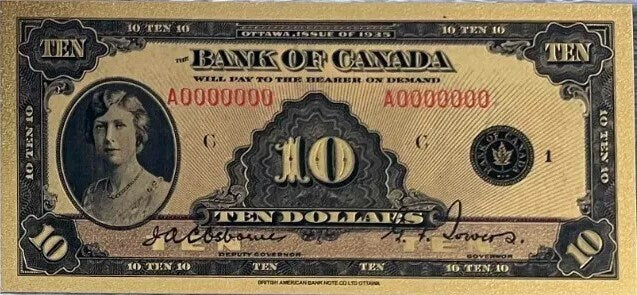 1935 CANADA PRINCESS Mary 10 Dollar FANTASY .9999 GOlD Foil Note; Allegory of Harvest, Comes shipped in Collector display holder