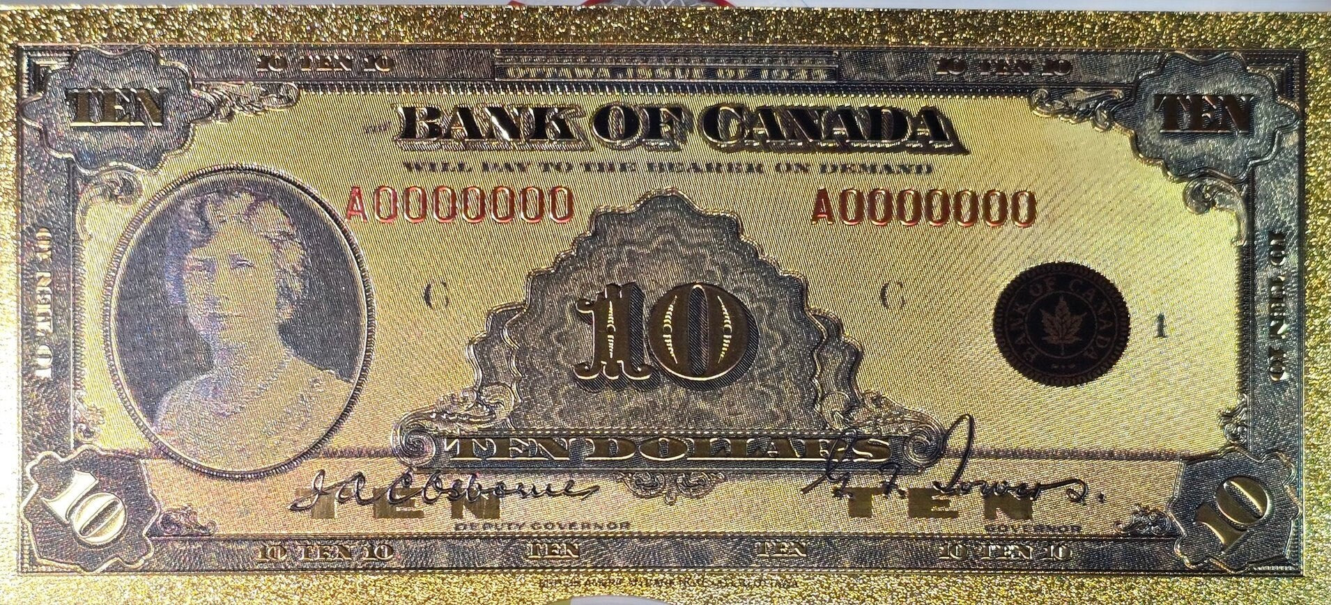 1935 CANADA PRINCESS Mary 10 Dollar FANTASY .9999 GOlD Foil Note; Allegory of Harvest, Comes shipped in Collector display holder
