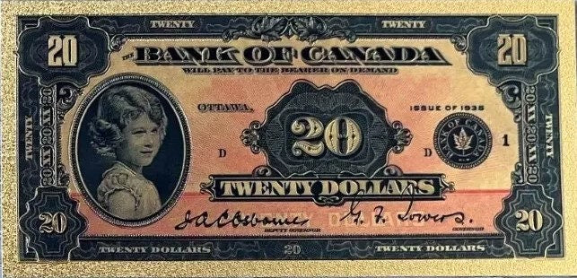 1935 CANADA PRINCESS Elizabeth 20 Dollar FANTASY .9999 GOlD Foil Note; Allegory of Agriculture, Comes shipped in Collector display holder