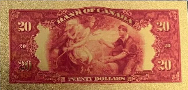 1935 CANADA PRINCESS Elizabeth 20 Dollar FANTASY .9999 GOlD Foil Note; Allegory of Agriculture, Comes shipped in Collector display holder