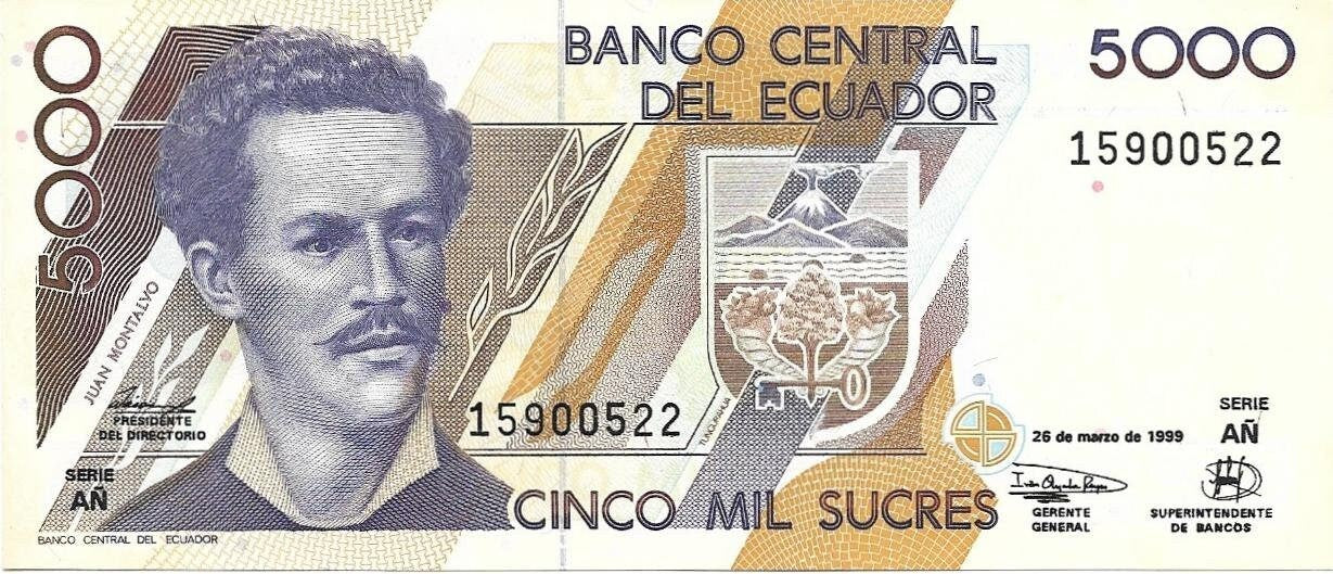 ECUADOR 5000 Sucres Banknote; P- 128c, UNCIRCULATED from 1999; features a Penguin and Turtle
