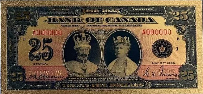 1935 CANADA King George V and Queen Mary 25 Dollar FANTASY .9999 GOLD Foil Note; Windsor Castle, Comes shipped in Collector display holder