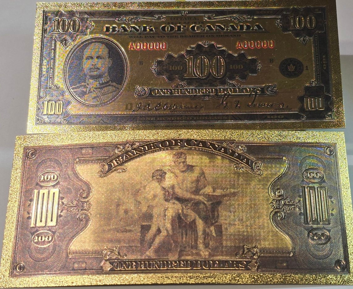 1935 CANADA PRINCE Henry 100 Dollar FANTASY .9999 GOlD Foil Note; Allegory of Commerce, Comes shipped in Collector display holder