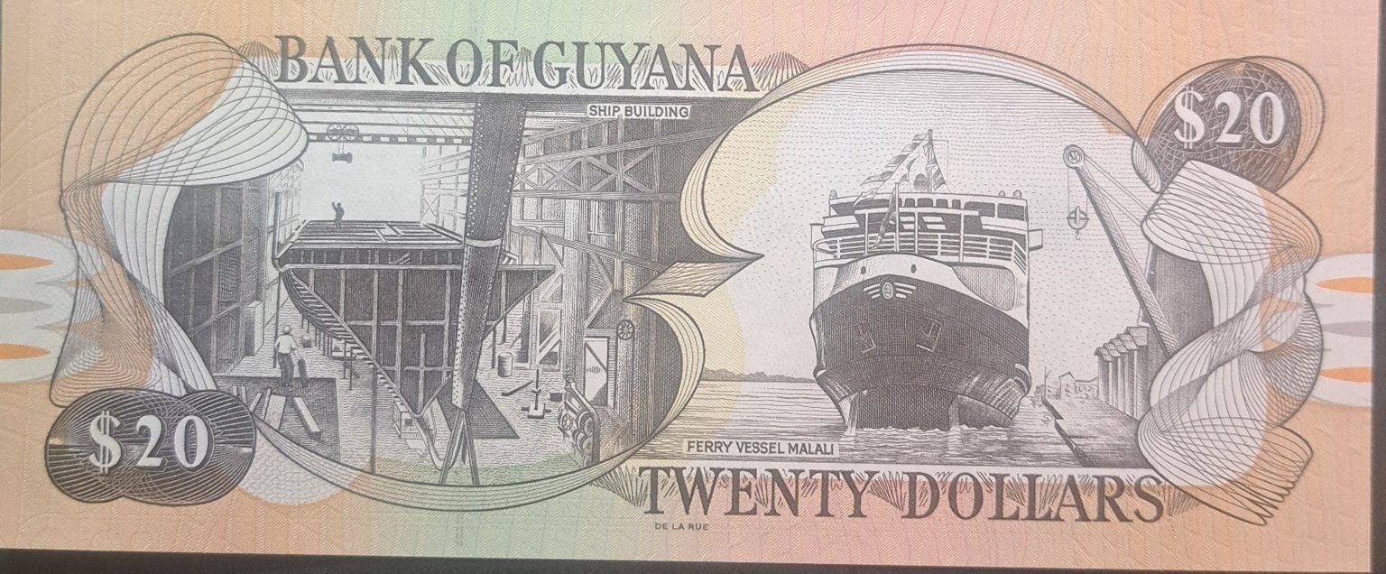 Guyana 20 Dollars, P-30g, UNCIRCULATED, 2018; features the Kaietear Waterfalls