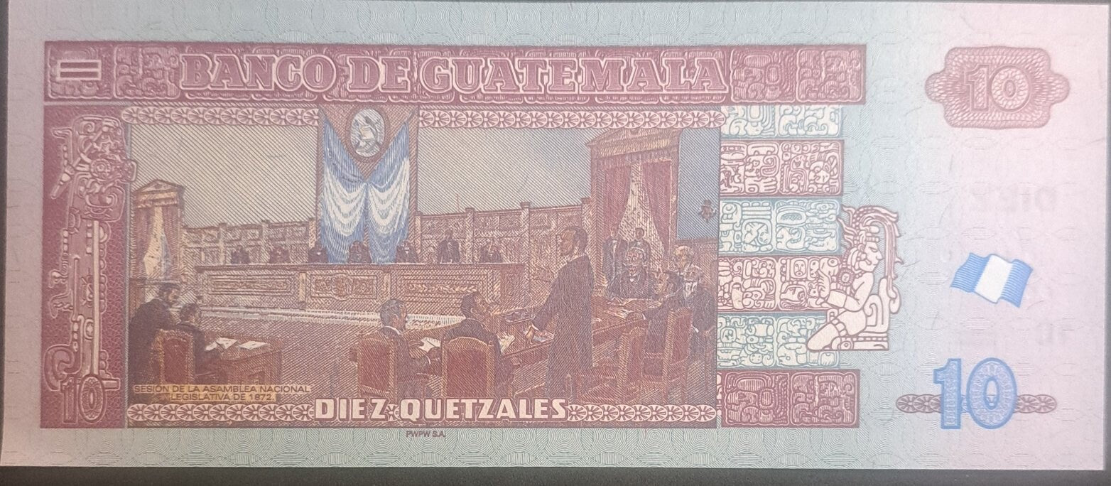 Guatemala 10 Quetzales Banknote, B-606j, UNCIRCULATED, 2019; features the Quetzal bird; National Assembly