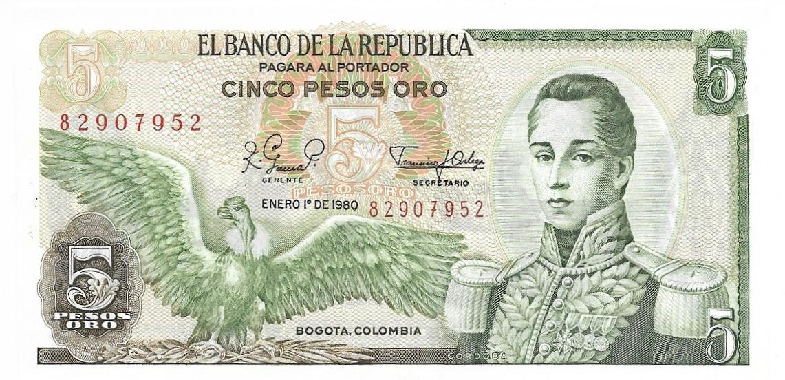COLOMBIA 5 Peso Oro Banknote; P-406f; UNCIRCULATED; 1978- 1981; features a Beautiful Condor