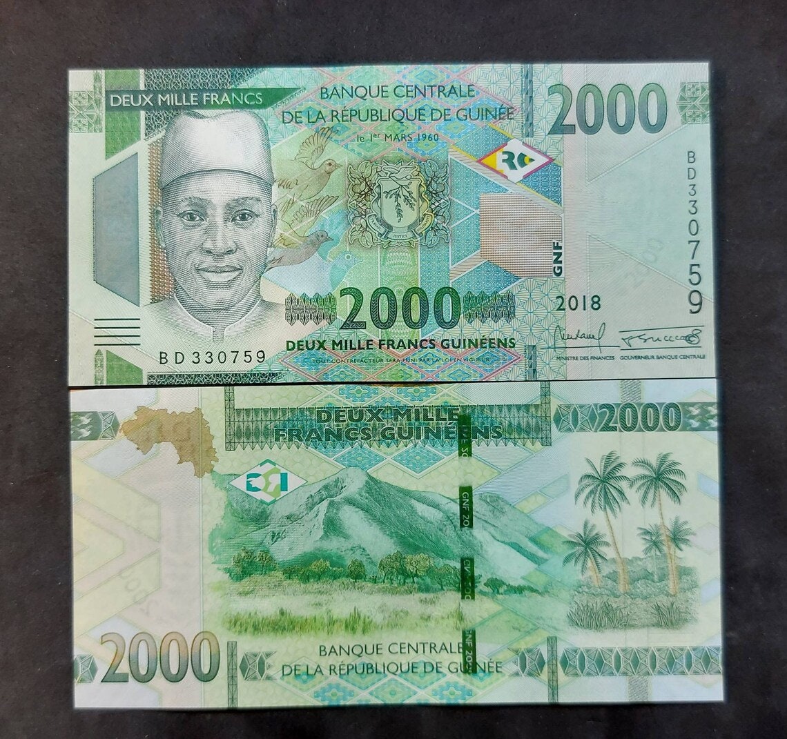 GUINEA 2000 Francs Banknote, B-342a, UNCIRCULATED from 2018; featuring a Mount Nimba; New Denomination