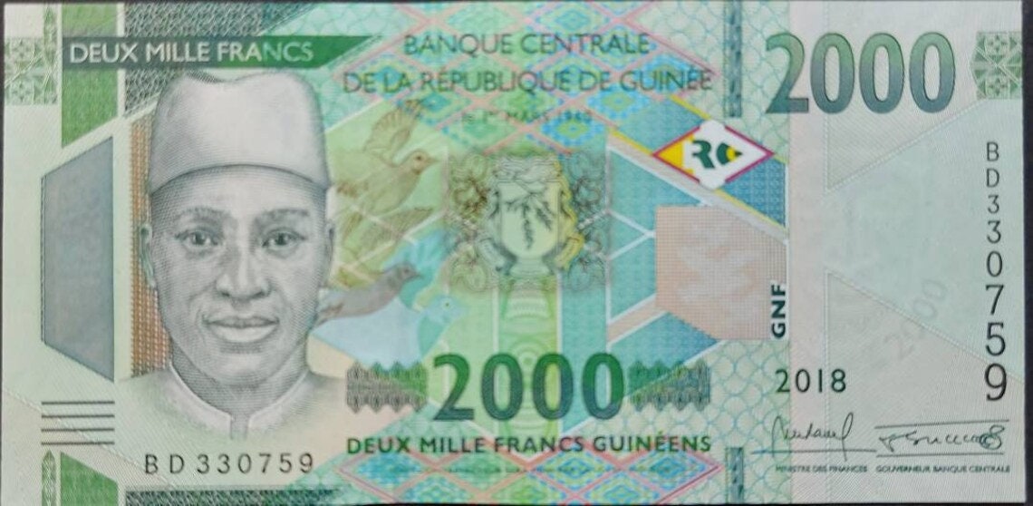 GUINEA 2000 Francs Banknote, B-342a, UNCIRCULATED from 2018; featuring a Mount Nimba; New Denomination