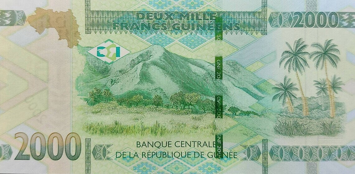 GUINEA 2000 Francs Banknote, B-342a, UNCIRCULATED from 2018; featuring a Mount Nimba; New Denomination