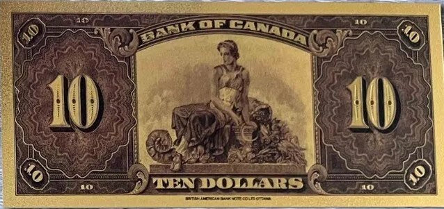 1935 CANADA PRINCESS Mary 10 Dollar FANTASY .9999 GOlD Foil Note; Allegory of Harvest, Comes shipped in Collector display holder