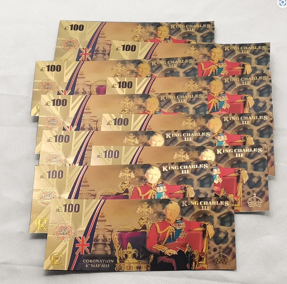 ENGLAND KiNG CHARlES III 100 Pounds Coronation Commemorative Fantasy .9999 GOLD Foil Note; Comes shipped in Collector display holder