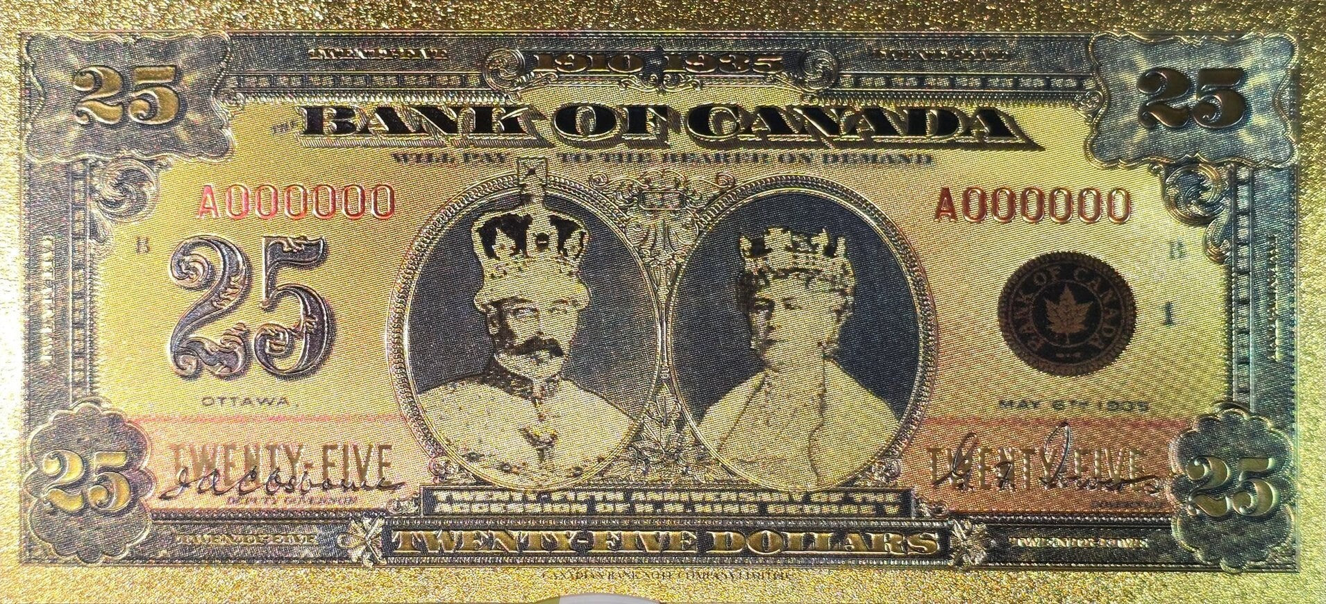 1935 CANADA King George V and Queen Mary 25 Dollar FANTASY .9999 GOLD Foil Note; Windsor Castle, Comes shipped in Collector display holder