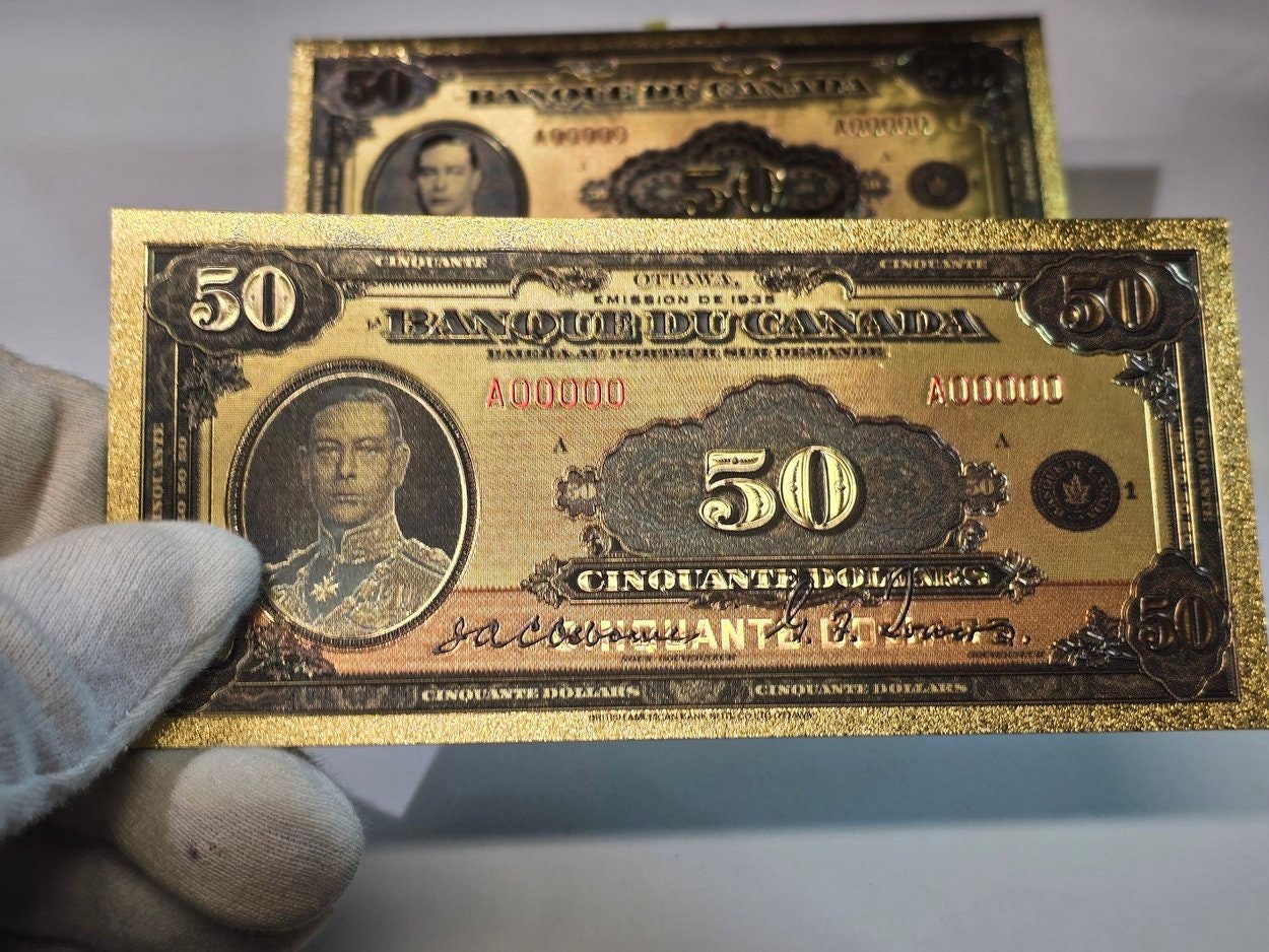 1935 CANADA PRiNCE George 50 Dollar FANTASY .9999 GOLD Foil Note; Allegory of Modern Inventions, Comes shipped in Collector display holder