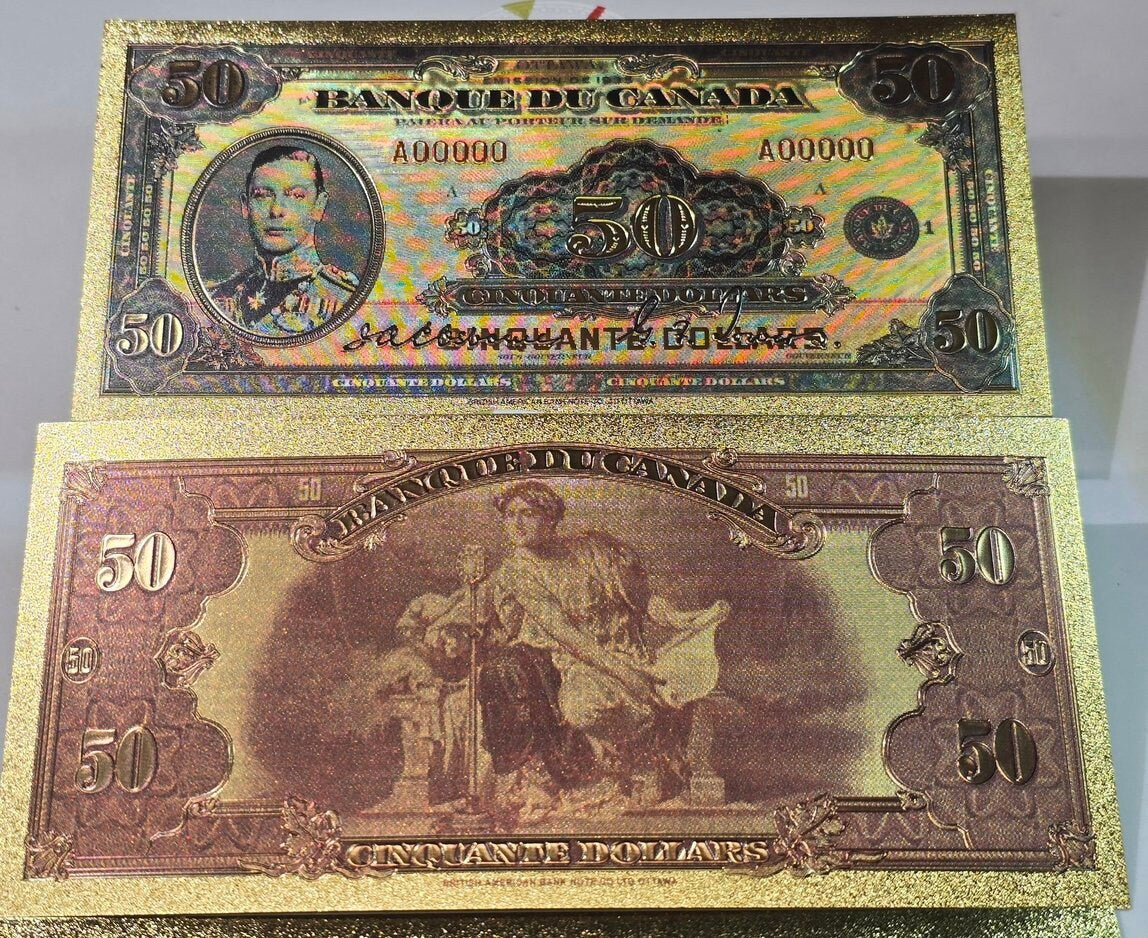 1935 CANADA PRiNCE George 50 Dollar FANTASY .9999 GOLD Foil Note; Allegory of Modern Inventions, Comes shipped in Collector display holder