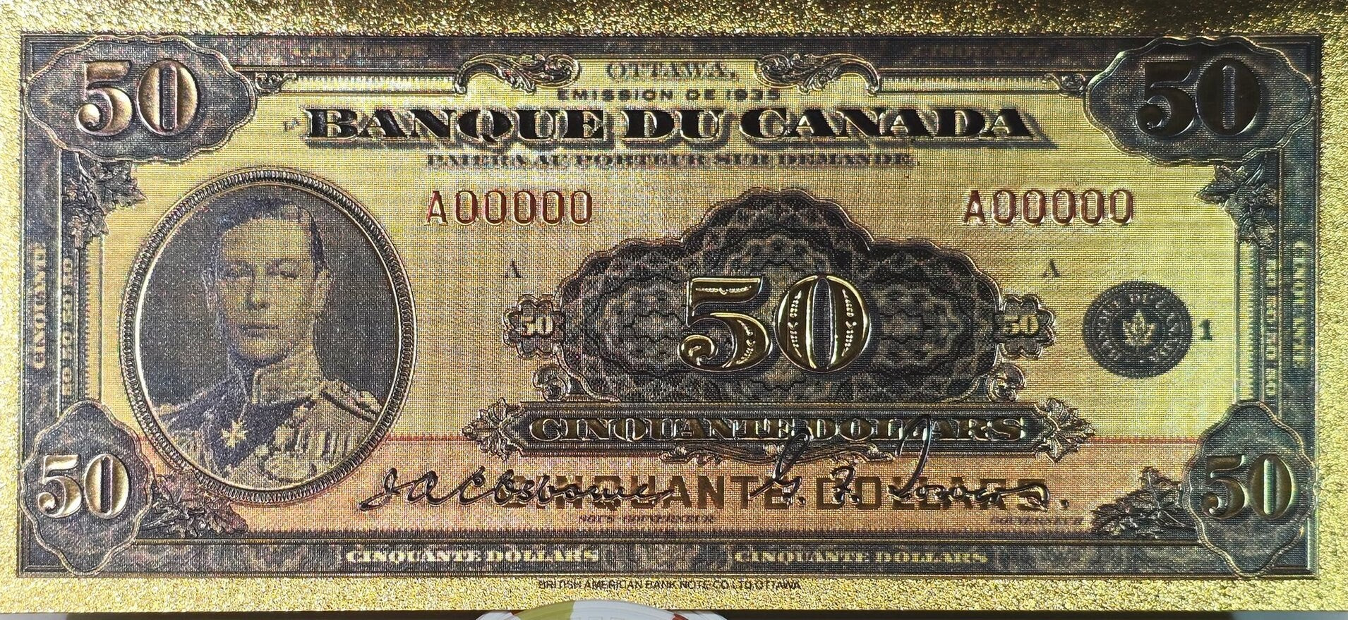 1935 CANADA PRiNCE George 50 Dollar FANTASY .9999 GOLD Foil Note; Allegory of Modern Inventions, Comes shipped in Collector display holder