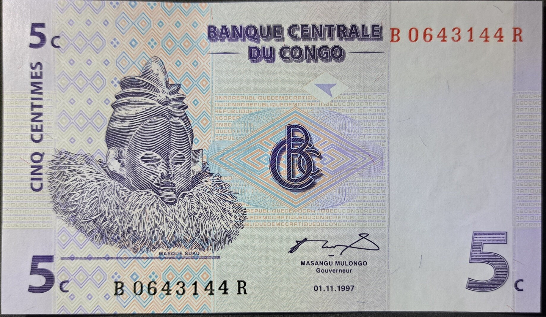 Congo 5 Centime Banknote, P-81a; UNCIRCULATED from 1997; features a Zande Harp