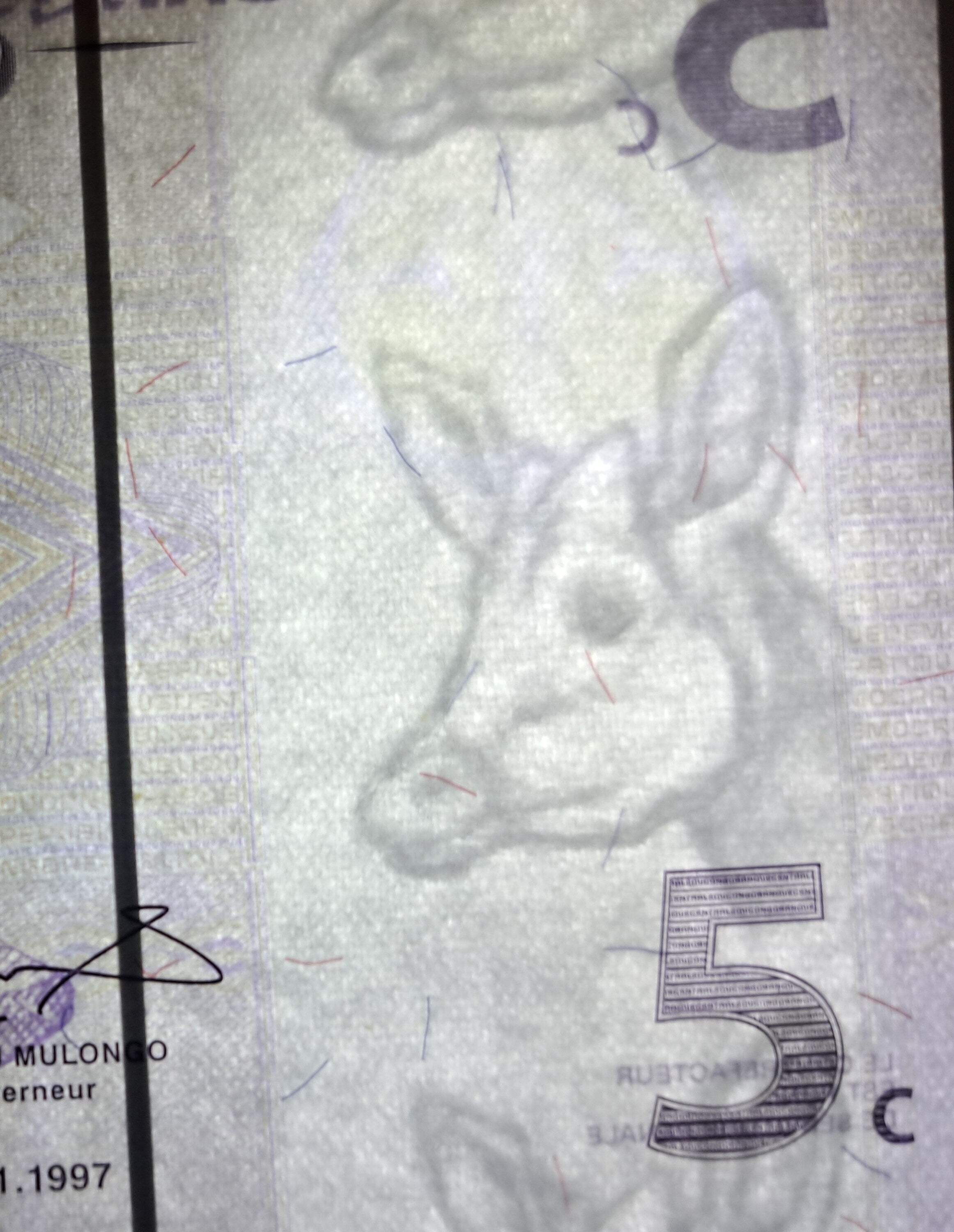 Congo 5 Centime Banknote, P-81a; UNCIRCULATED from 1997; features a Zande Harp