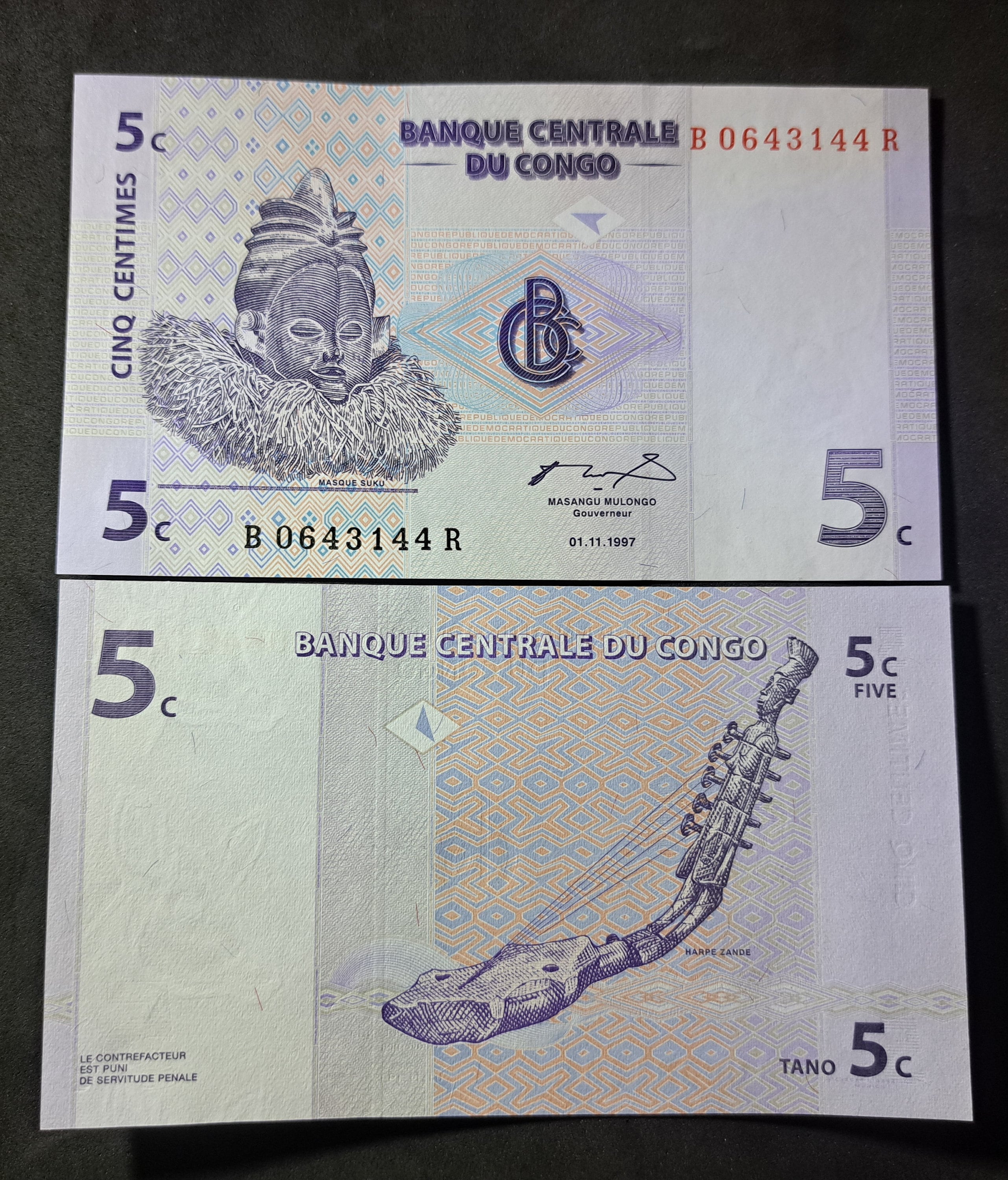 Congo 5 Centime Banknote, P-81a; UNCIRCULATED from 1997; features a Zande Harp
