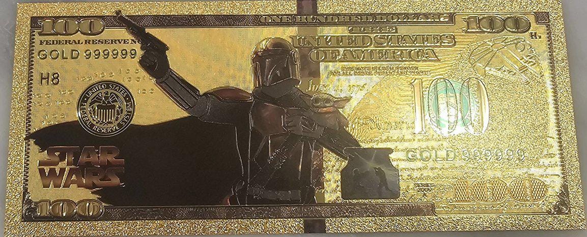 MANDALORIAN: Star Wars Galaxy .9999 GOLD Foil 100 Fantasy Note; Full color scene on back; Comes in a Collector Display holder