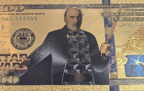 COUNT DOOKU: Star Wars Galaxy .9999 GOLD Foil 100 Fantasy Note; Full color scene on back; Comes in a Collector Display holder