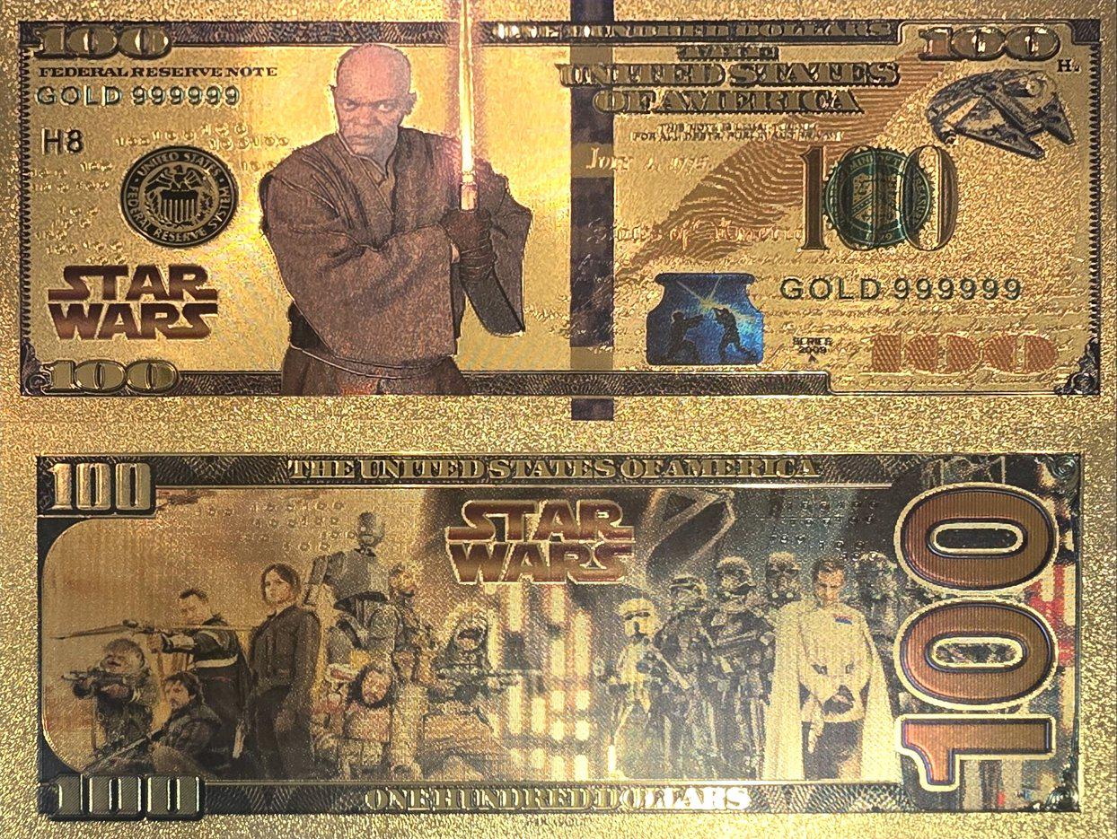 MACE WINDU: Star Wars Galaxy .9999 GOLD Foil 100 Fantasy Note; Full color scene on back; Comes in a Collector Display holder