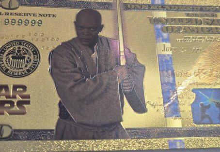 MACE WINDU: Star Wars Galaxy .9999 GOLD Foil 100 Fantasy Note; Full color scene on back; Comes in a Collector Display holder