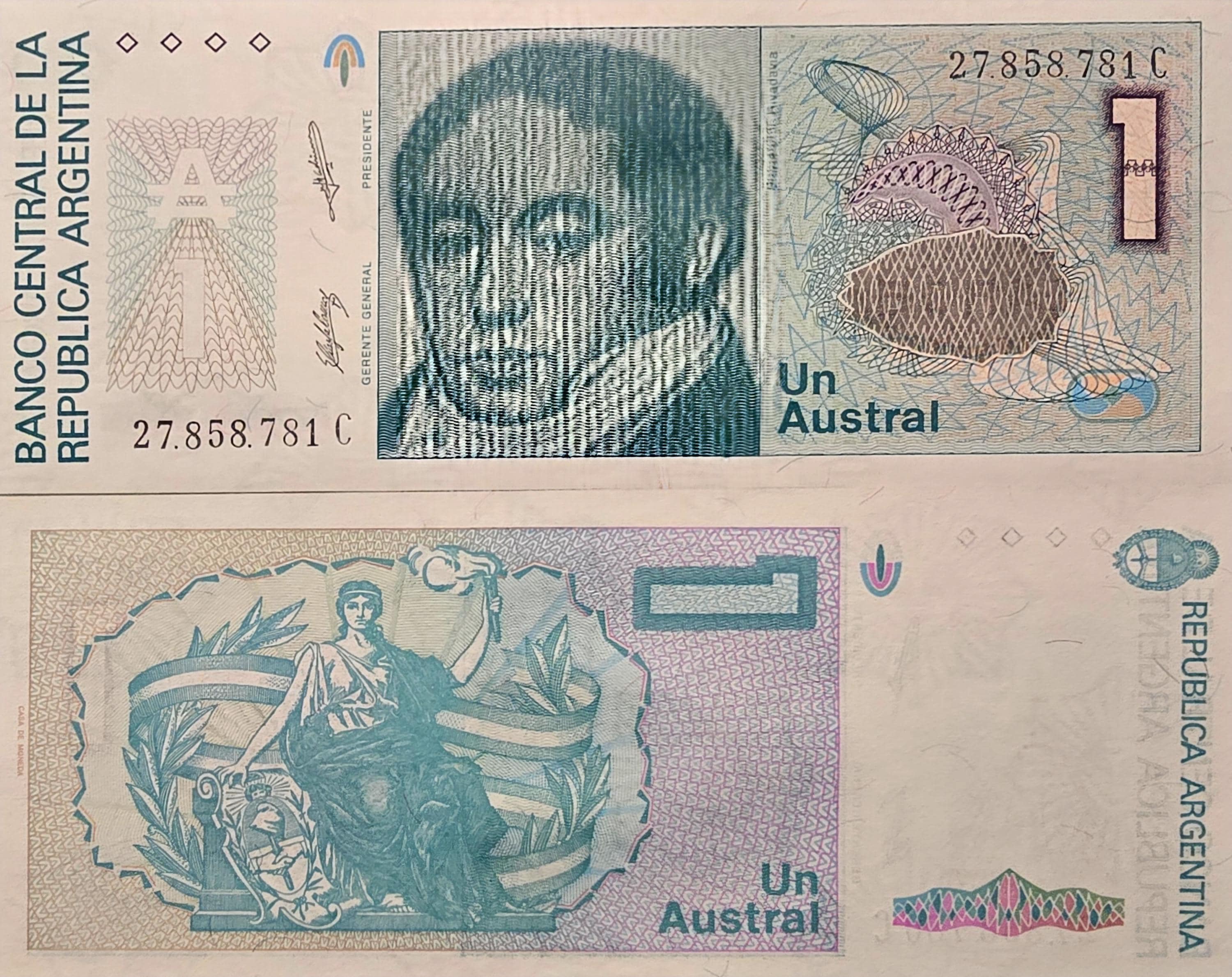 Argentina 1 Austral, P-323b; UNC; 1985; features Liberty with Torch and Shield
