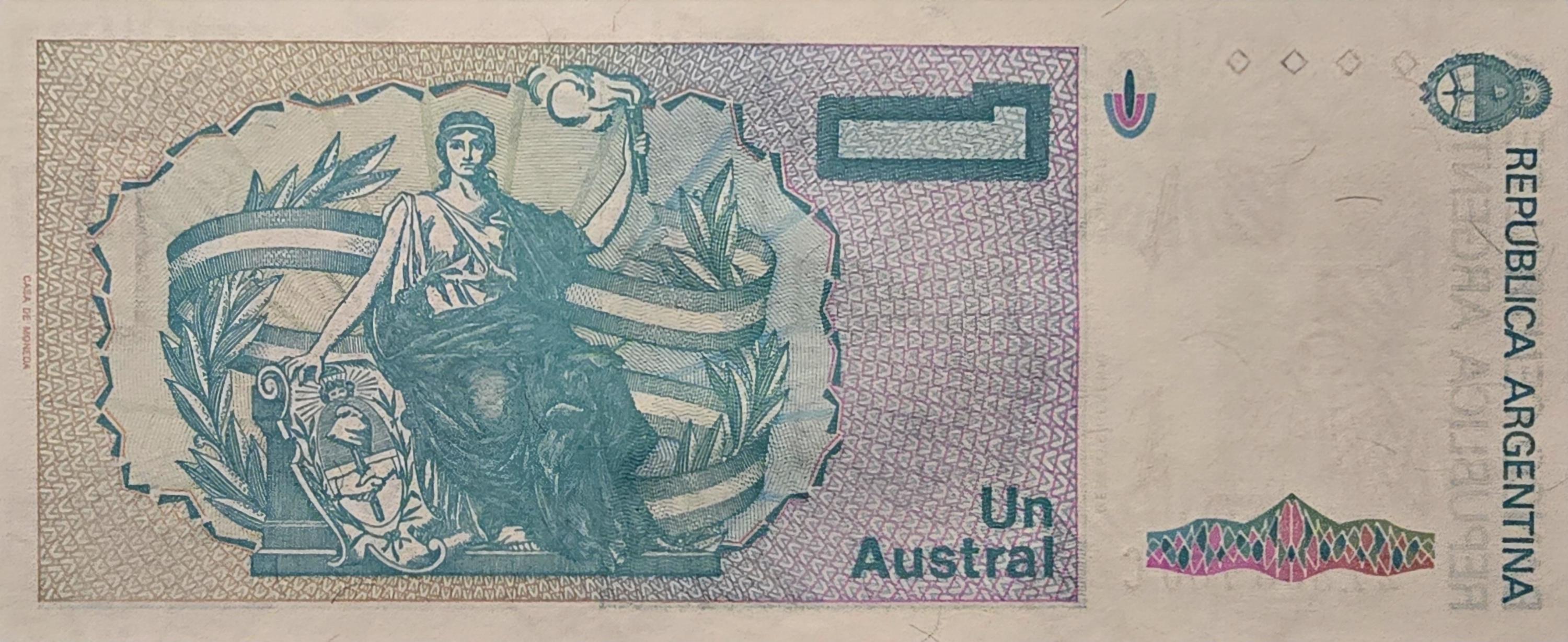 Argentina 1 Austral, P-323b; UNC; 1985; features Liberty with Torch and Shield