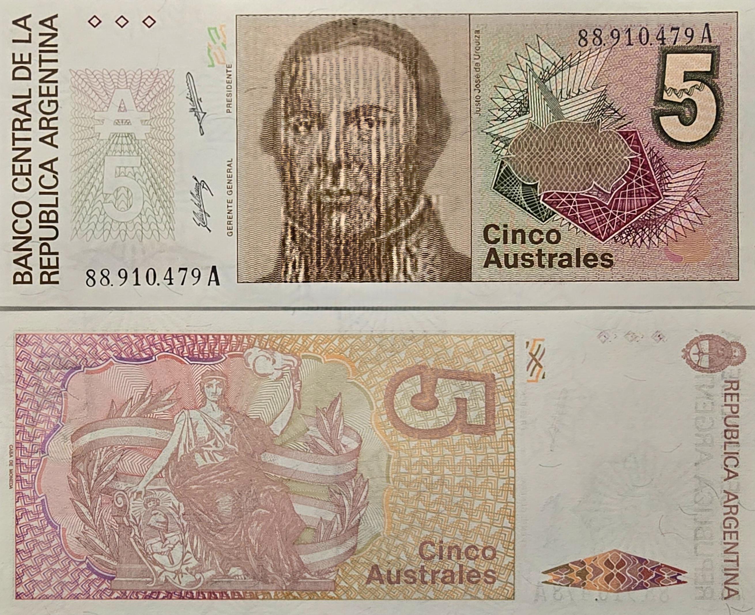 Argentina 5 Australes, P-324b, UNCIRCULATED, 1985; features J.J. de Urquiza