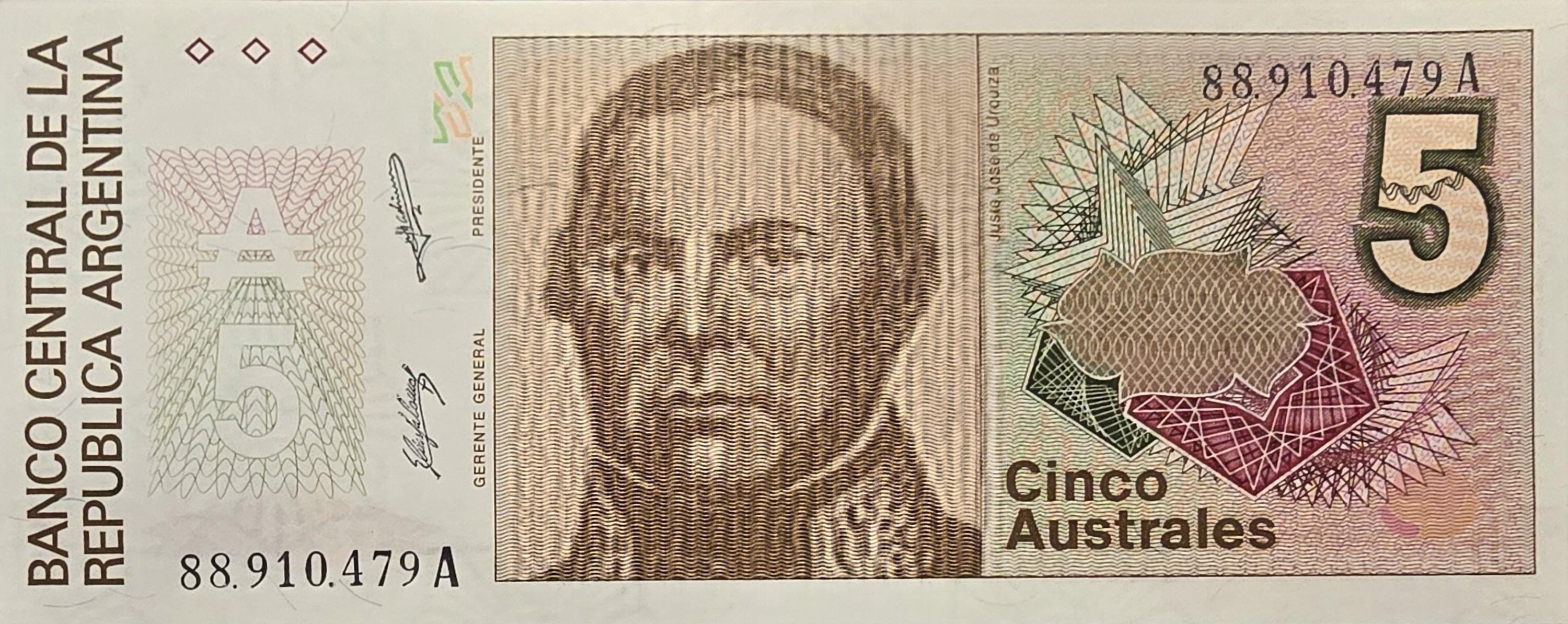 Argentina 5 Australes, P-324b, UNCIRCULATED, 1985; features J.J. de Urquiza
