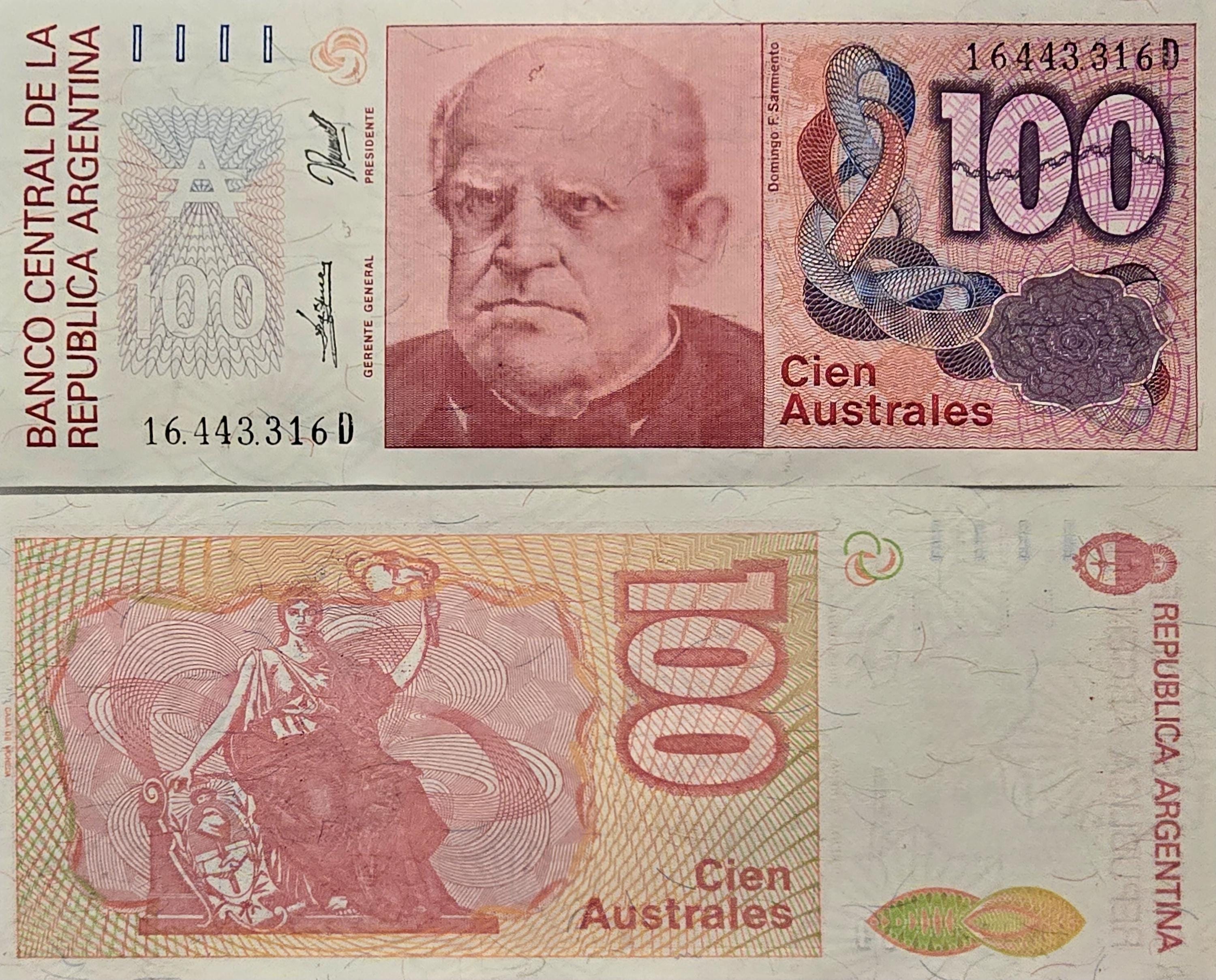 Argentina 100 Australes Banknote, P-327c, UNCIRCULATED, 1985, features D.F. Sarmiento