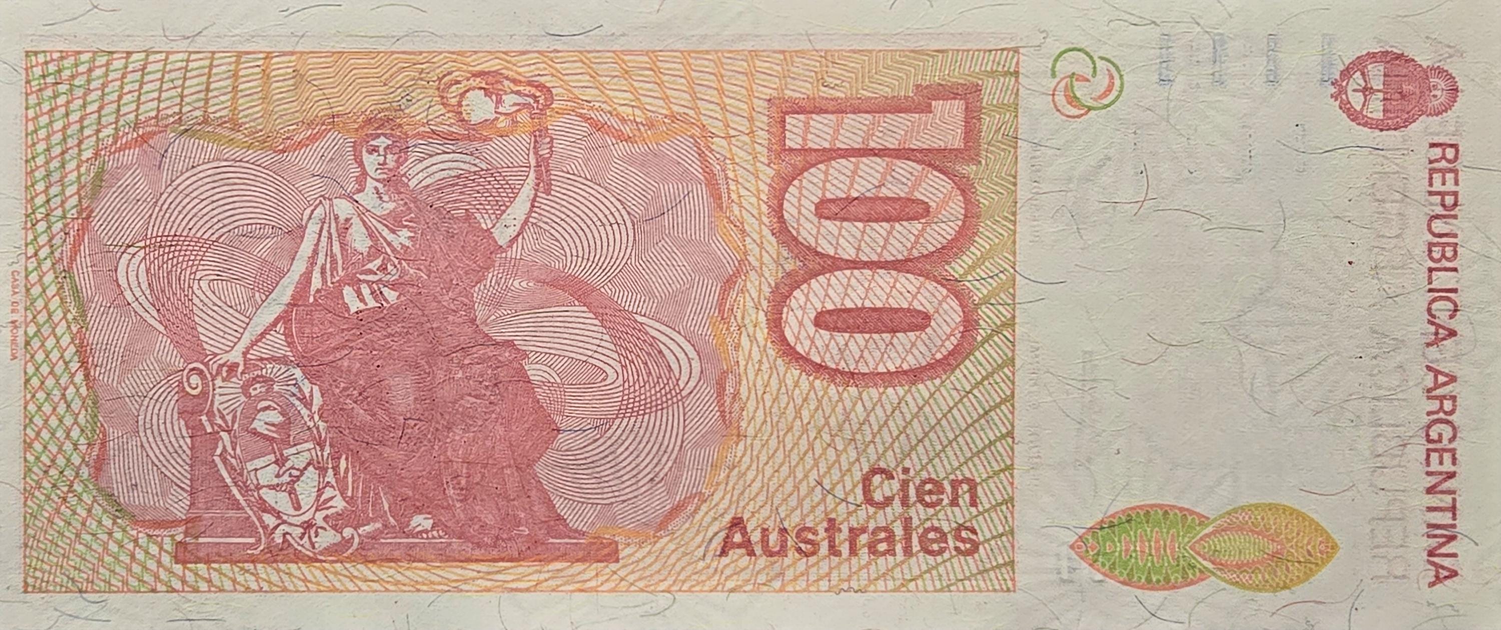 Argentina 100 Australes Banknote, P-327c, UNCIRCULATED, 1985, features D.F. Sarmiento