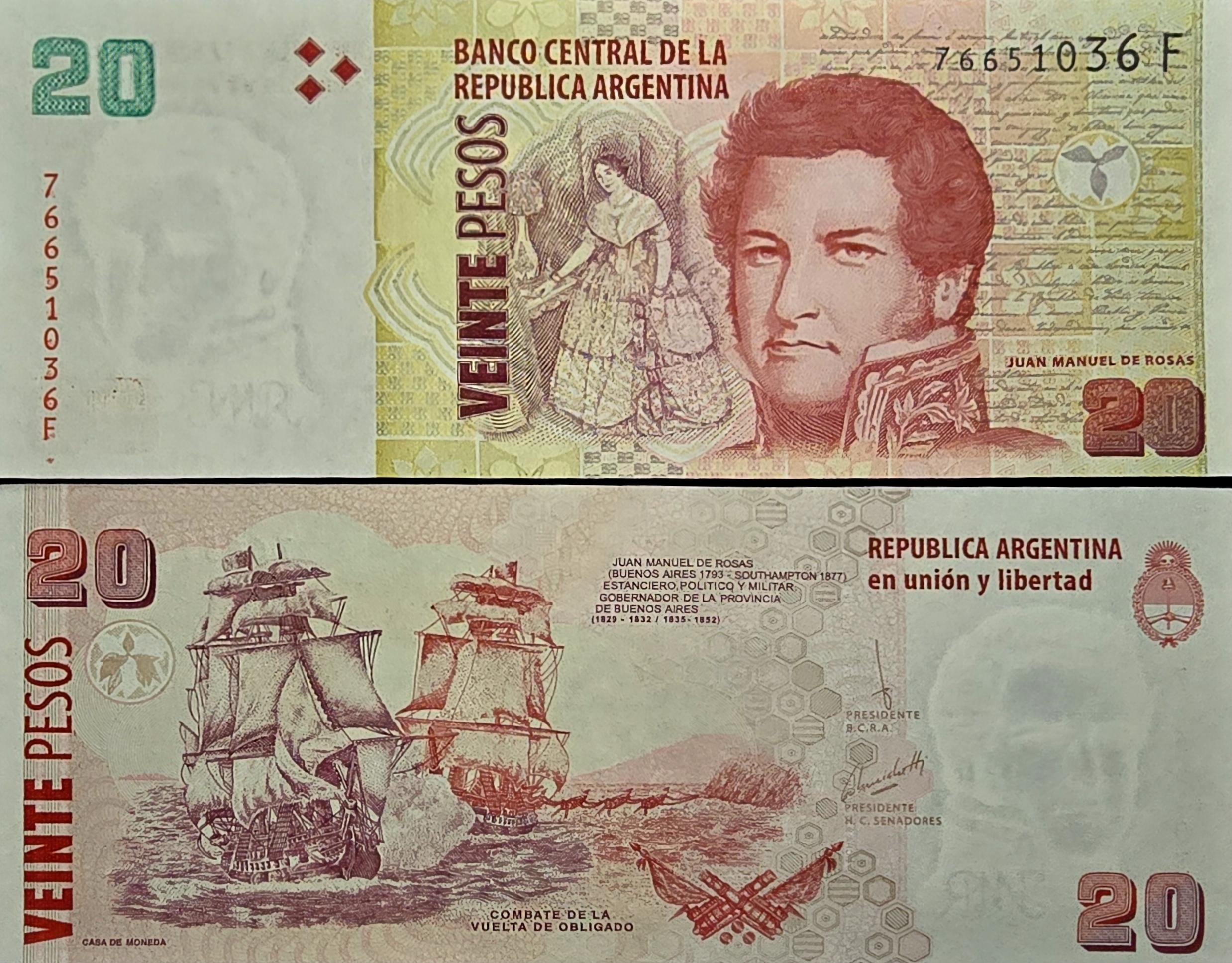 Argentina 20 Pesos, B-408g, Series F or G, UNCIRCULATED, 2016, features ships on Parana River