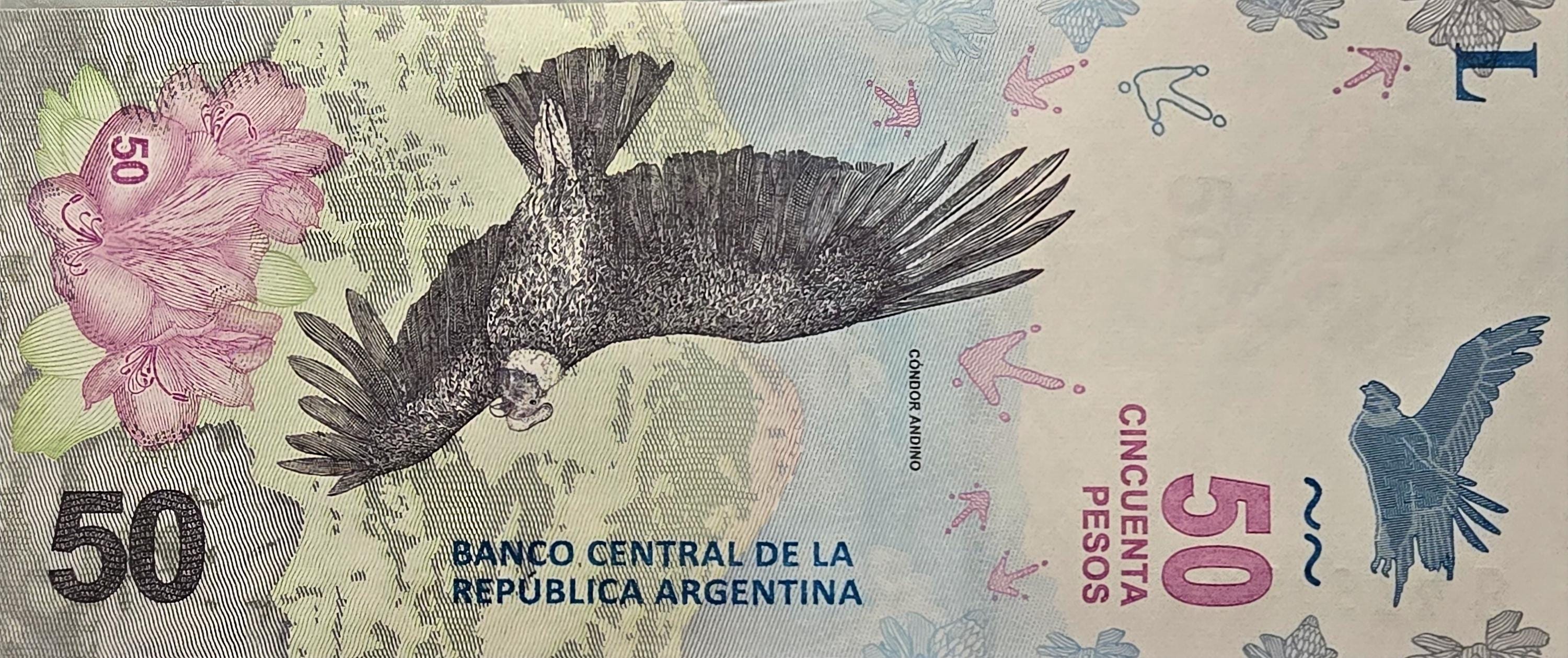 Argentina 50 Pesos, P-363, UNCIRCULATED, 2018; features a Condor