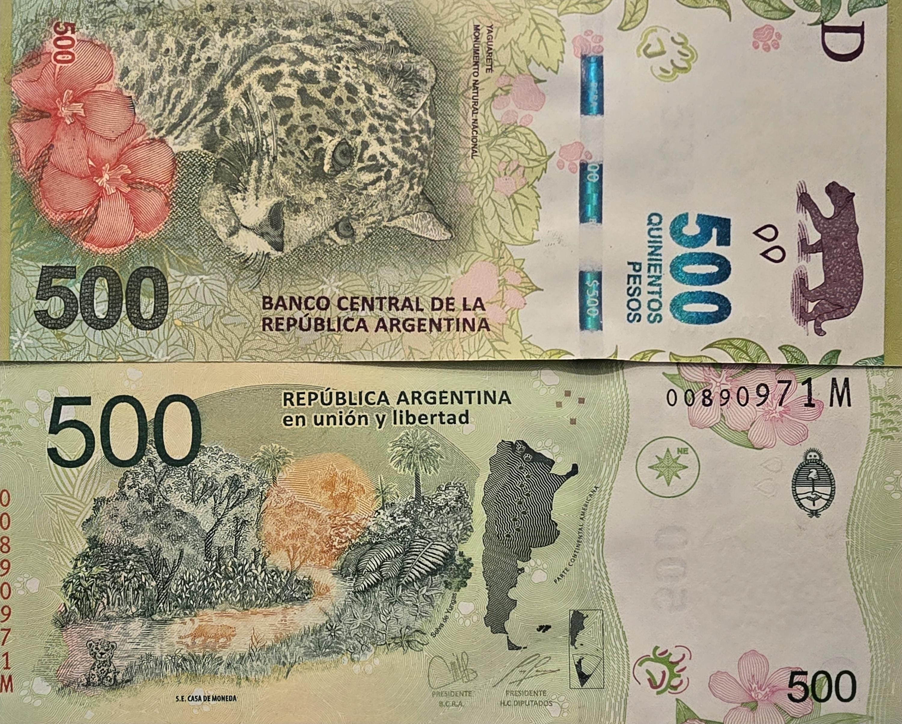 Argentina 500 Pesos, B-421c, UNCIRCULATED, 2020; features a Jaguar Cub and Adult
