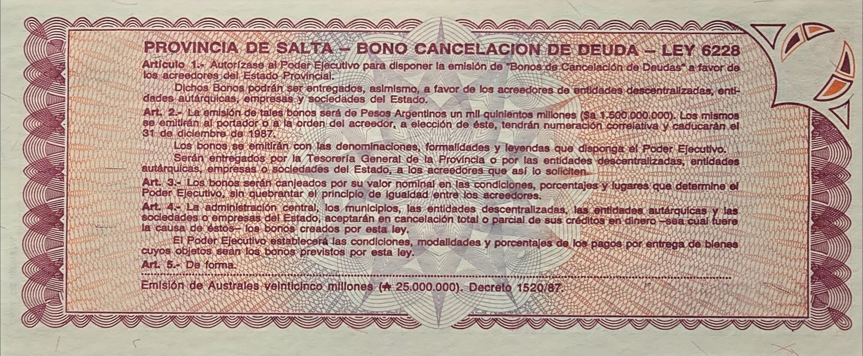 Argentina 1 Australe, PS-2612e, UNCIRCULATED, Specialized Issue from the Province of Salta