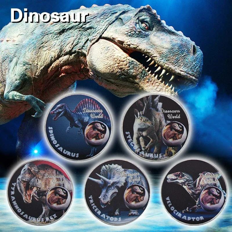 DINOSAUR - Silver Plated Fantasy Coin Set, with COA, Beautiful Coins and Design in a leather bound Case. Each Coin also in a cased holder.