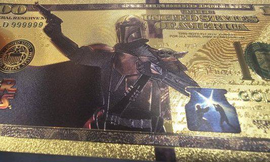 MANDALORIAN: Star Wars Galaxy .9999 GOLD Foil 100 Fantasy Note; Full color scene on back; Comes in a Collector Display holder