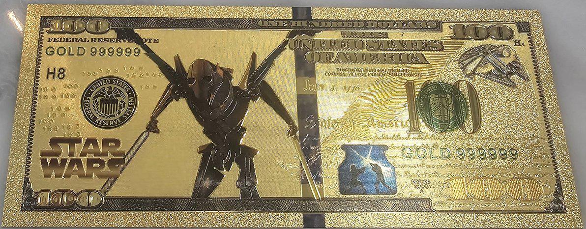 GENERAL GRIEVOUS: Star Wars Galaxy .9999 GOLD Foil 100 Fantasy Note; Full color scene on back; Comes in a Collector Display holder