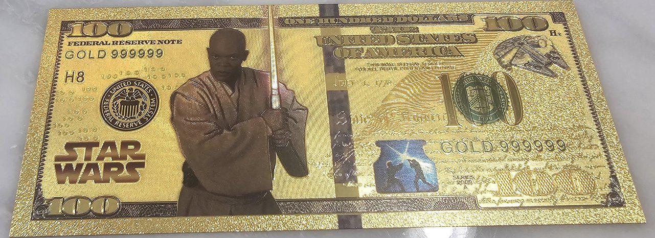 MACE WINDU: Star Wars Galaxy .9999 GOLD Foil 100 Fantasy Note; Full color scene on back; Comes in a Collector Display holder